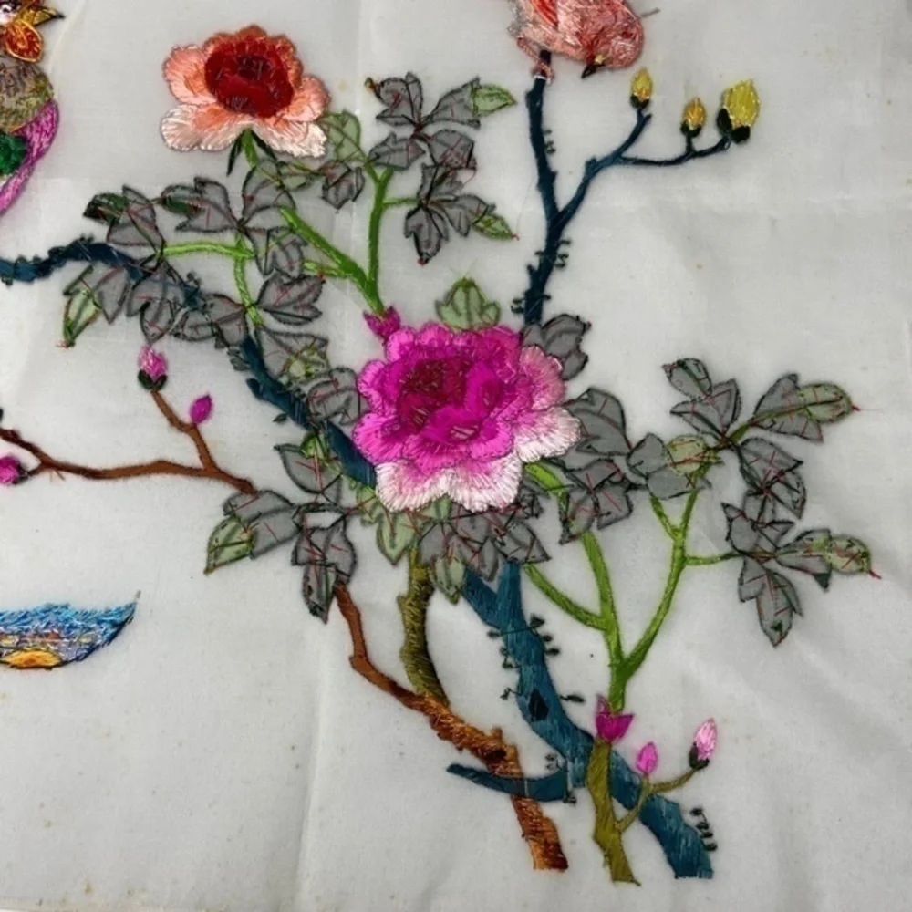 Vintage Japanese Silk Hand Embroidered Embroidery Birds and Flowers Needlepoint